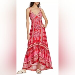 Caroline Constas Red Floral Linen Blend Maxi Dress